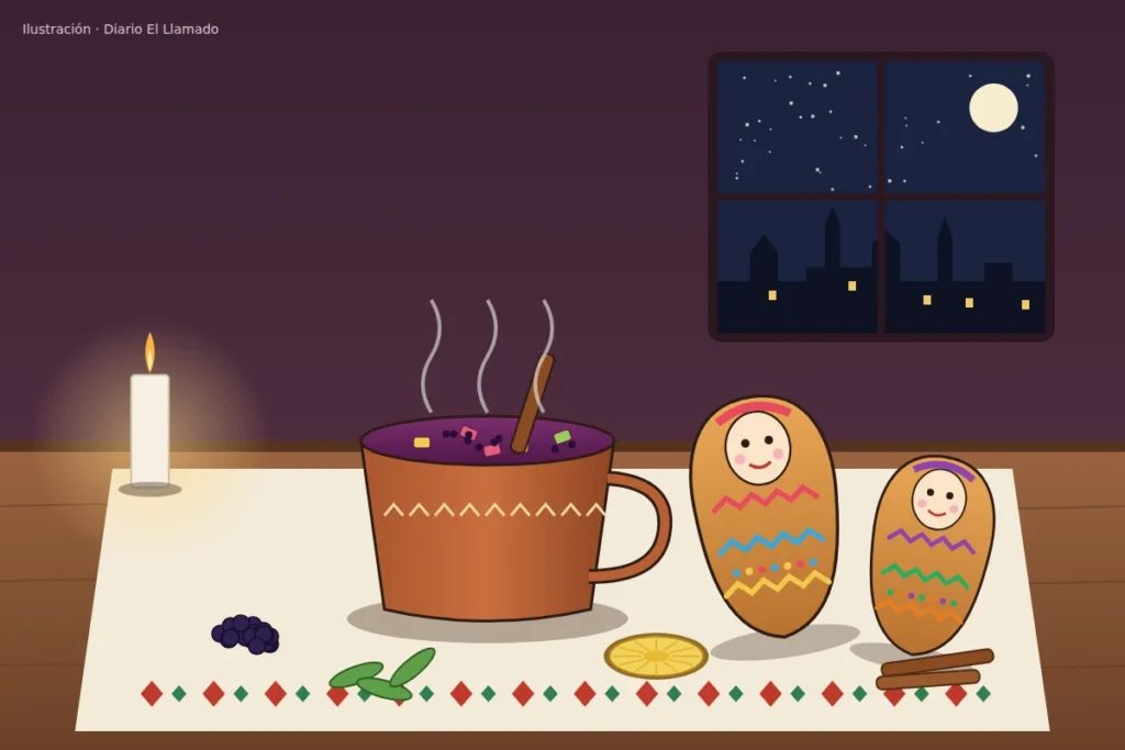 Colada morada en taza de barro junto a dos guaguas de pan decoradas, con mortiño, piña y canela