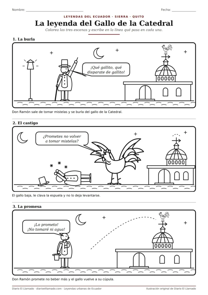 Leyenda del gallo de la catedral en tres escenas para colorear